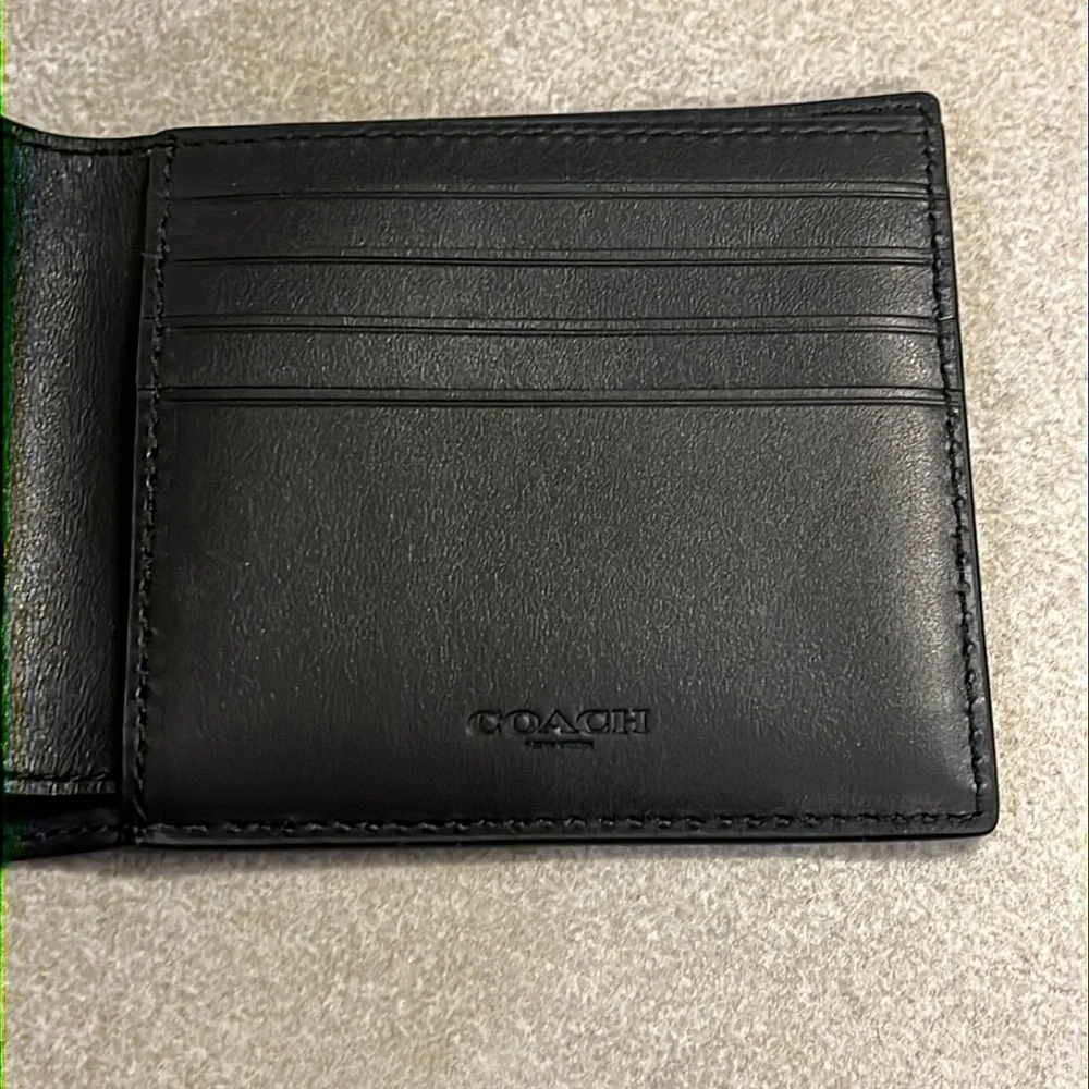 Coach New York Leather Bifold Wallet black silver reflective QBQ6S new Mens